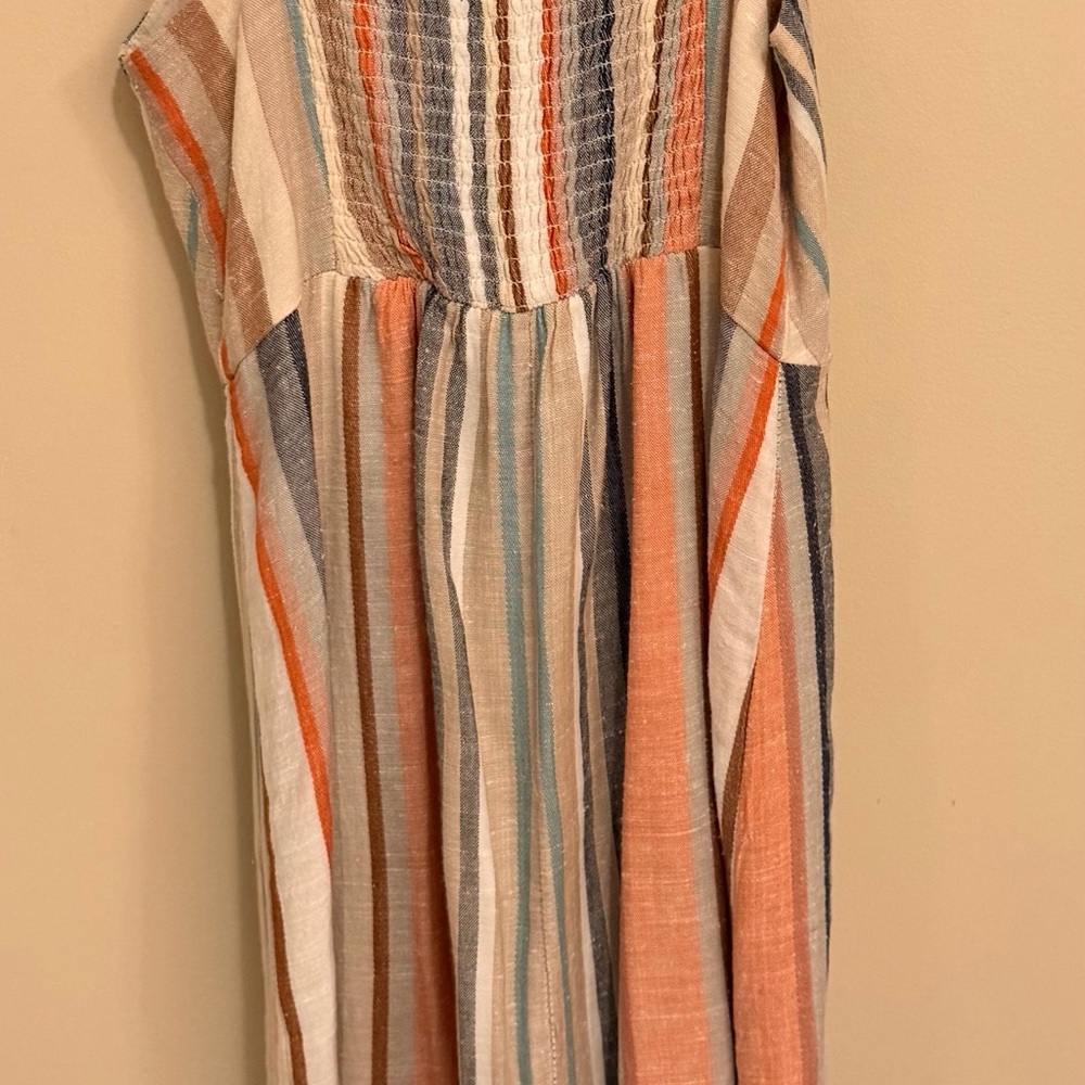 Express XS Linen Blend Striped Midi Dress in Blue, Coral, Cream and Tan - Picture 3 of 10